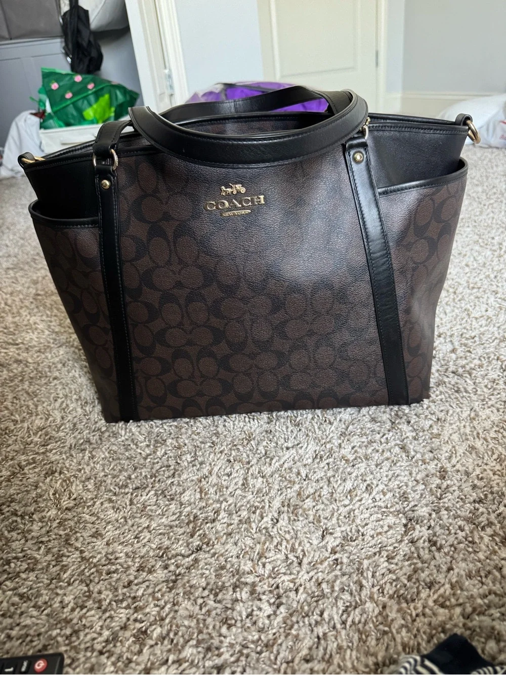 Coach Brown Signature Canvas Tote with Black Trim